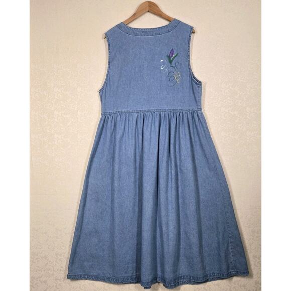 VTG PTNY Denim Jean Midi Dress Jumper XL Blue Cotton Sleeveless Painted Design - Picture 10 of 16